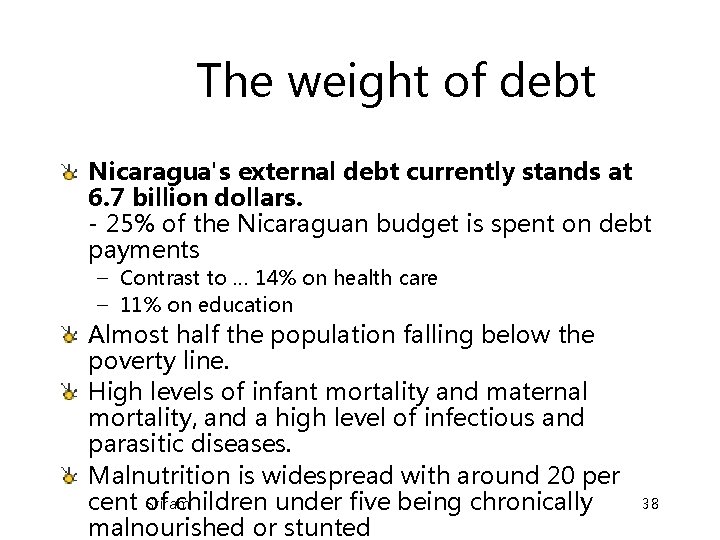 The weight of debt Nicaragua's external debt currently stands at 6. 7 billion dollars. The weight of debt Nicaragua's external debt currently stands at 6. 7 billion dollars.