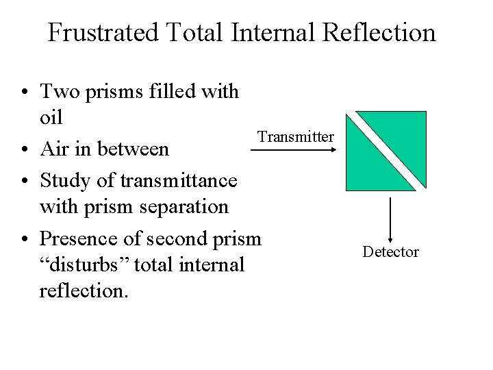 Frustrated Total Internal Reflection • Two prisms filled with oil Transmitter • Air in