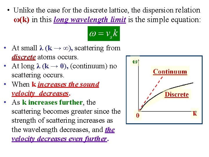  • Unlike the case for the discrete lattice, the dispersion relation ω(k) in
