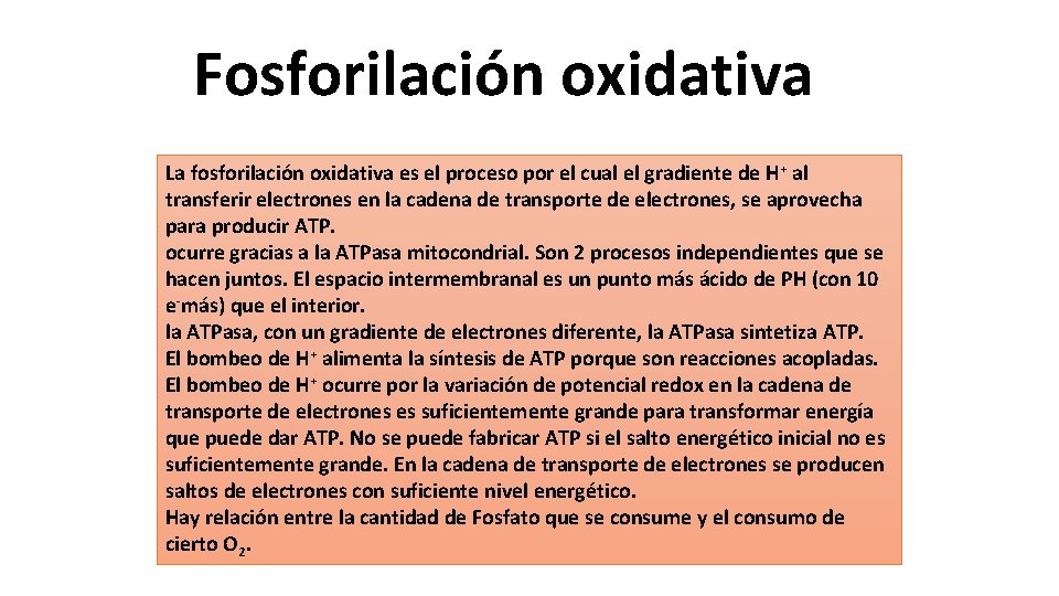 Fosforilación oxidativa La fosforilación oxidativa es el proceso por el cual el gradiente de