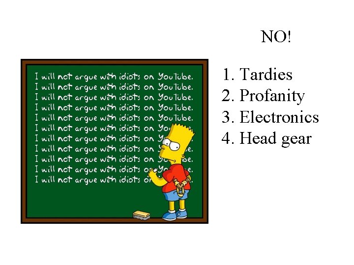 NO! 1. Tardies 2. Profanity 3. Electronics 4. Head gear 