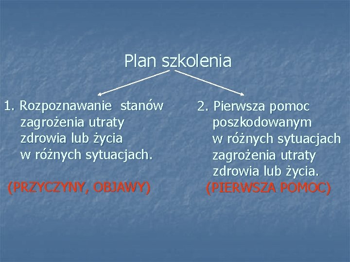 Plan szkolenia 1. Rozpoznawanie stanów zagrożenia utraty zdrowia lub życia w różnych sytuacjach. (PRZYCZYNY,