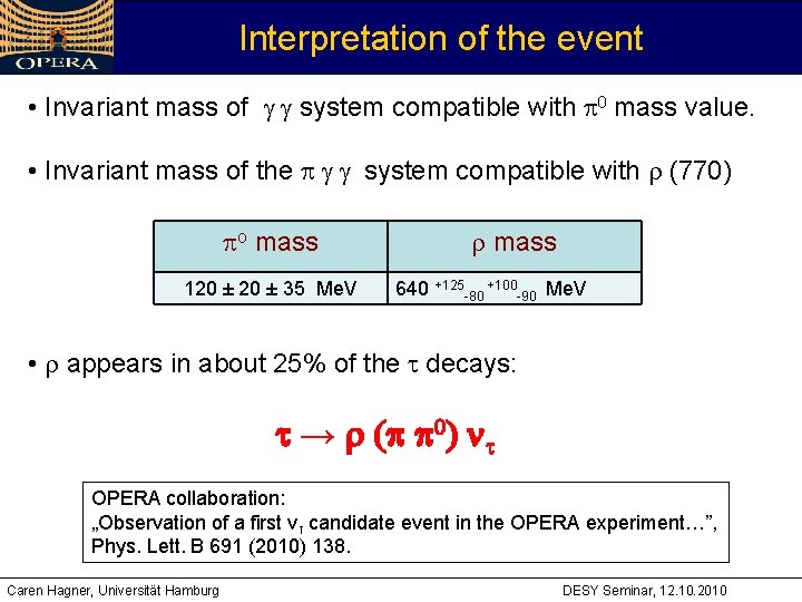 Interpretation of the event • Invariant mass of system compatible with p 0 mass