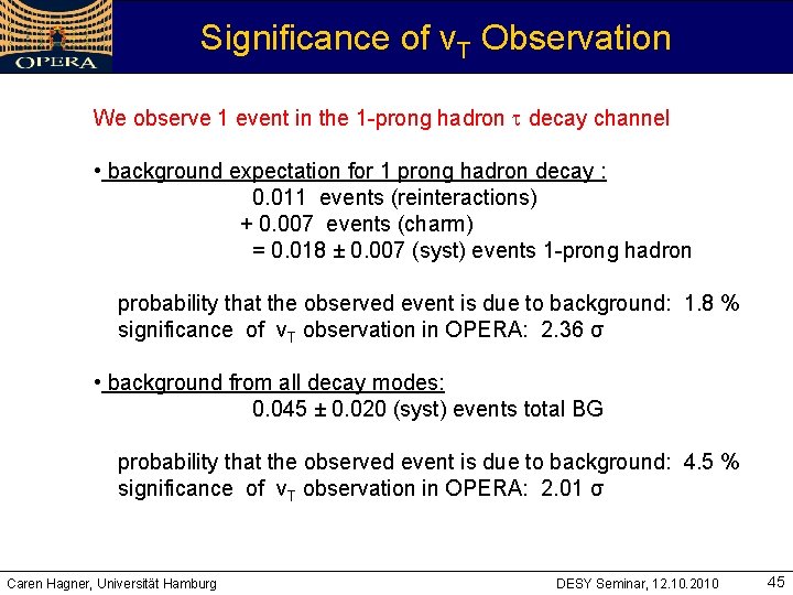 Significance of v. T Observation We observe 1 event in the 1 -prong hadron