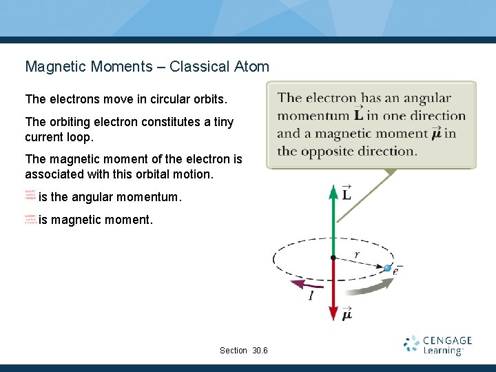 Magnetic Moments – Classical Atom The electrons move in circular orbits. The orbiting electron