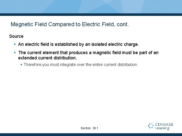 Magnetic Field Compared to Electric Field, cont. Source § An electric field is established