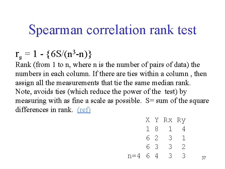 Spearman correlation rank test rs = 1 - {6 S/(n 3 -n)} Rank (from