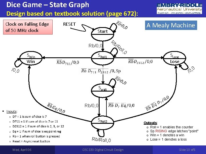 Dice Game – State Graph Design based on textbook solution (page 672): RESET Clock