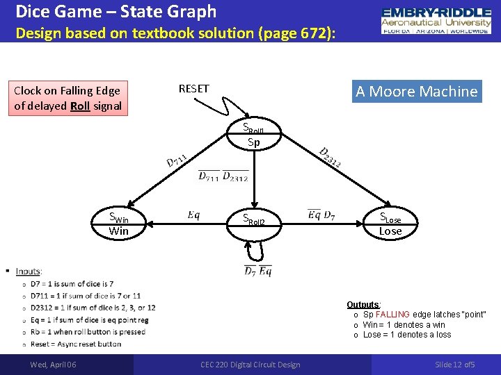 Dice Game – State Graph Design based on textbook solution (page 672): RESET Clock
