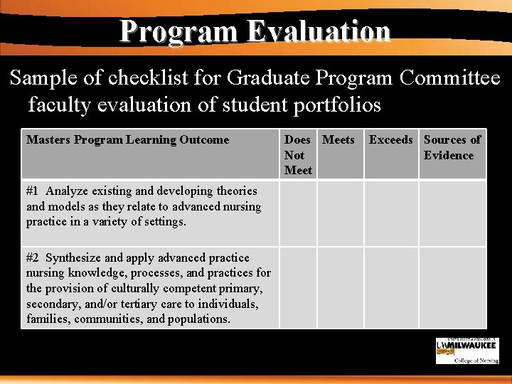 Program Evaluation Sample of checklist for Graduate Program Committee faculty evaluation of student portfolios