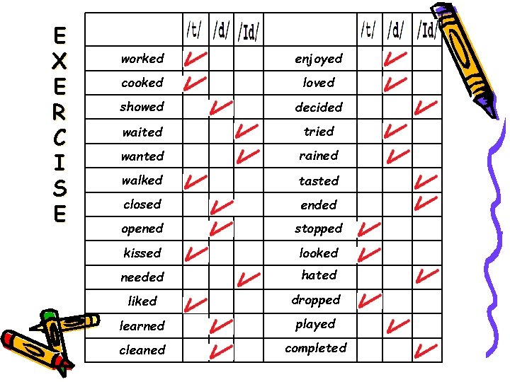 E X E R C I S E worked enjoyed cooked loved showed decided