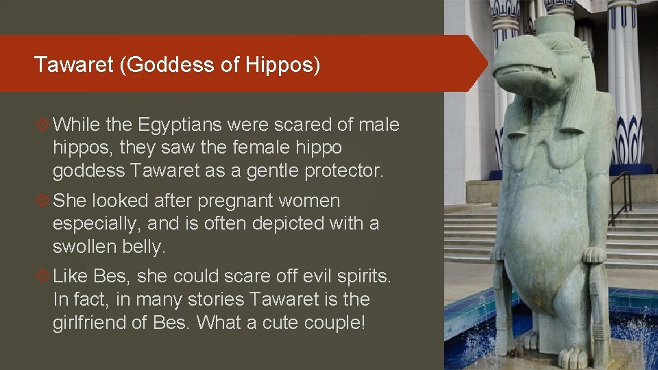 Tawaret (Goddess of Hippos) While the Egyptians were scared of male hippos, they saw