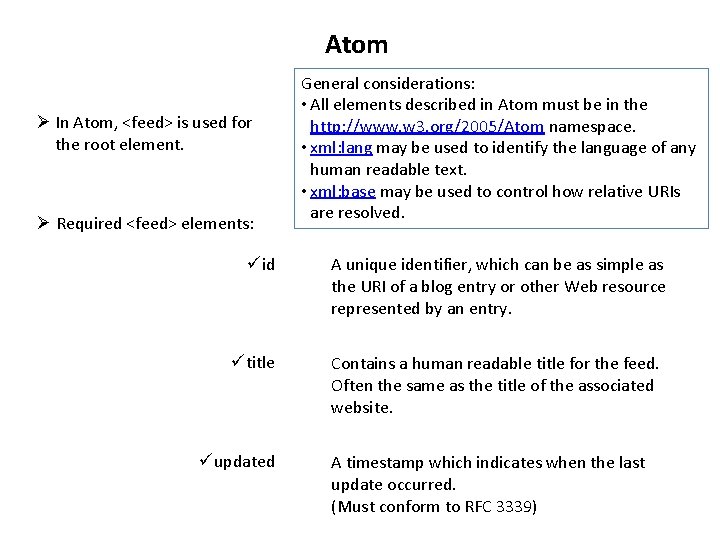 Atom Ø In Atom, <feed> is used for the root element. Ø Required <feed>