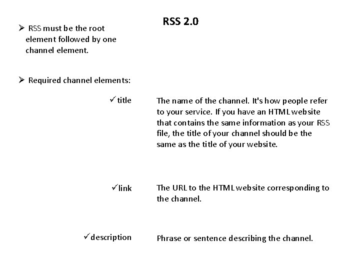 Ø RSS must be the root element followed by one channel element. RSS 2.
