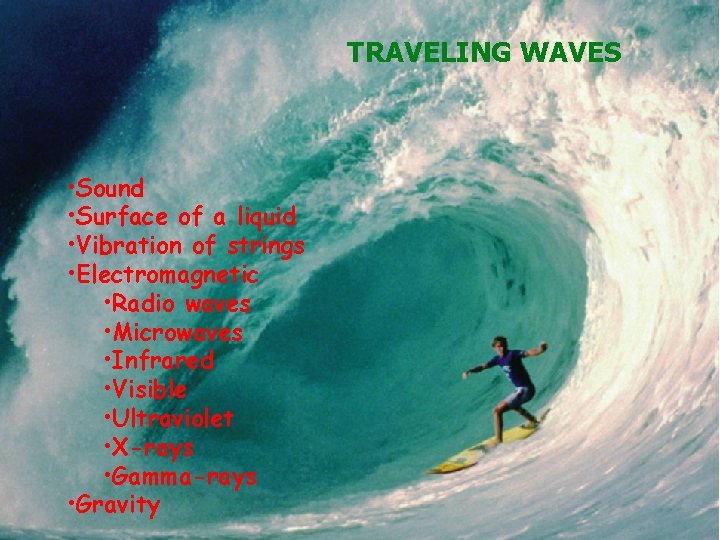 TRAVELING WAVES • Sound • Surface of a liquid • Vibration of strings •