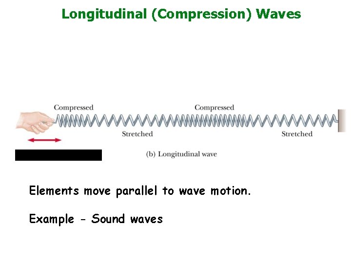 Longitudinal (Compression) Waves Elements move parallel to wave motion. Example - Sound waves 
