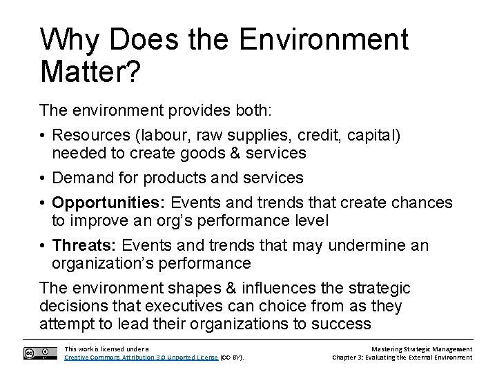 Why Does the Environment Matter? The environment provides both: • Resources (labour, raw supplies,