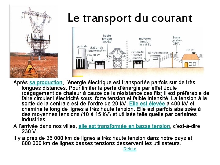 Le transport du courant Après sa production, l’énergie électrique est transportée parfois sur de
