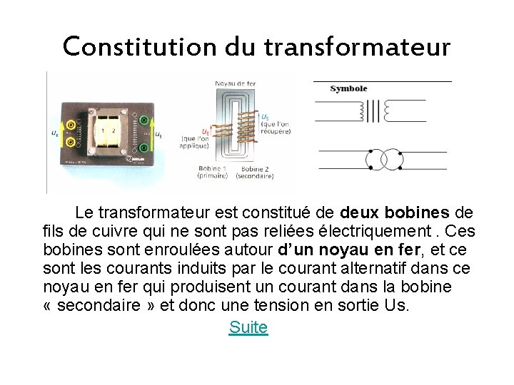 Constitution du transformateur Le transformateur est constitué de deux bobines de fils de cuivre
