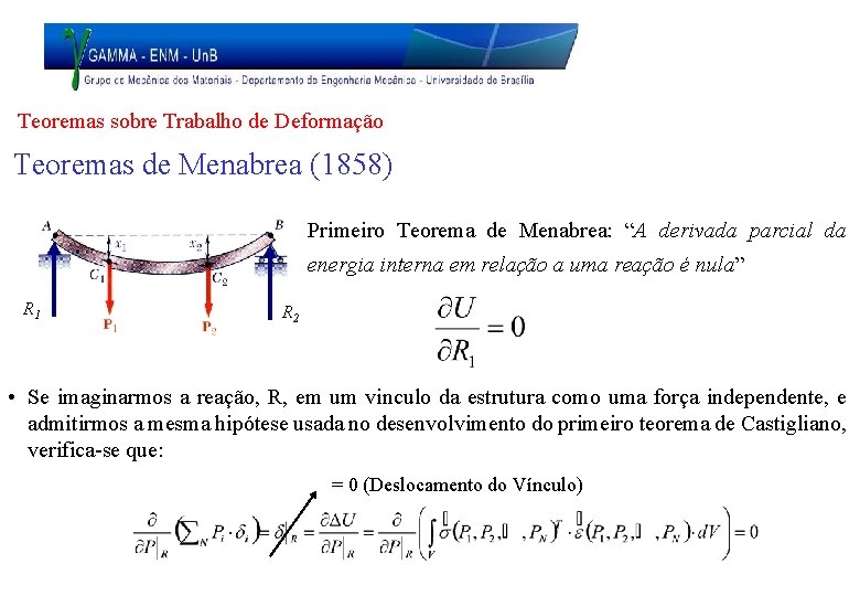 Teoremas sobre Trabalho de Deformação Teoremas de Menabrea (1858) Primeiro Teorema de Menabrea: “A