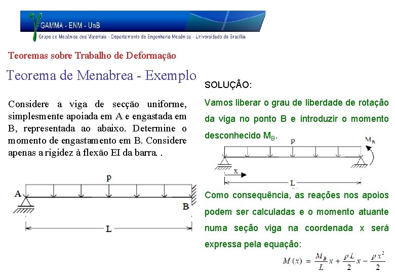 Teoremas sobre Trabalho de Deformação Teorema de Menabrea - Exemplo Considere a viga de