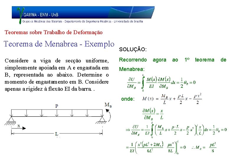 Teoremas sobre Trabalho de Deformação Teorema de Menabrea - Exemplo Considere a viga de