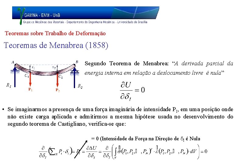 Teoremas sobre Trabalho de Deformação Teoremas de Menabrea (1858) Segundo Teorema de Menabrea: “A