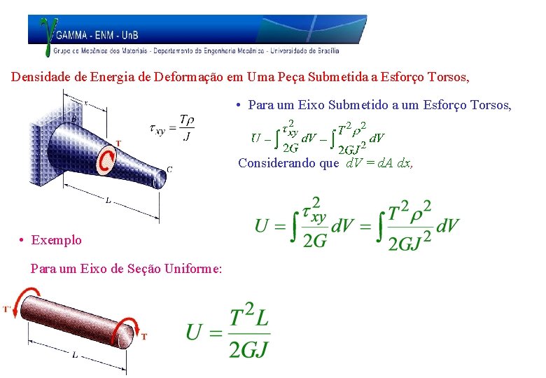 Densidade de Energia de Deformação em Uma Peça Submetida a Esforço Torsos, • Para