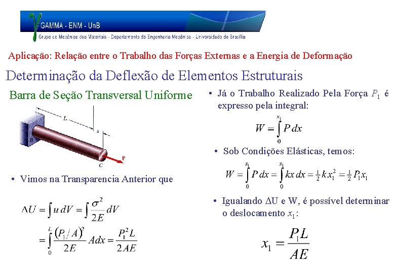 Aplicação: Relação entre o Trabalho das Forças Externas e a Energia de Deformação Determinação