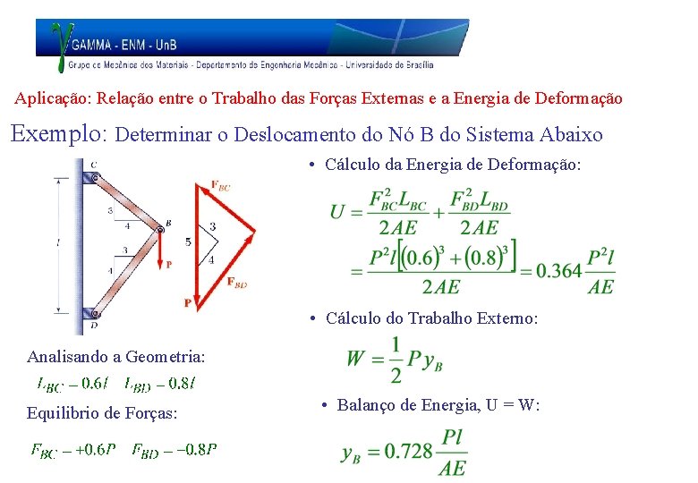 Aplicação: Relação entre o Trabalho das Forças Externas e a Energia de Deformação Exemplo: