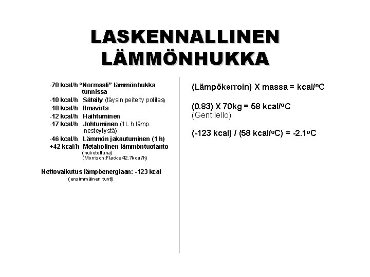 LASKENNALLINEN LÄMMÖNHUKKA -70 kcal/h “Normaali” lämmönhukka tunnissa -10 kcal/h Säteily (täysin peitelty potilas) -10