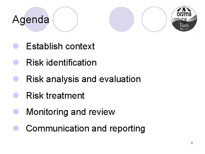 Agenda l Establish context l Risk identification l Risk analysis and evaluation l Risk