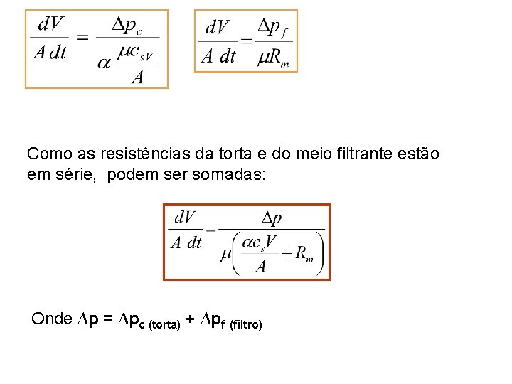 Como as resistências da torta e do meio filtrante estão em série, podem ser