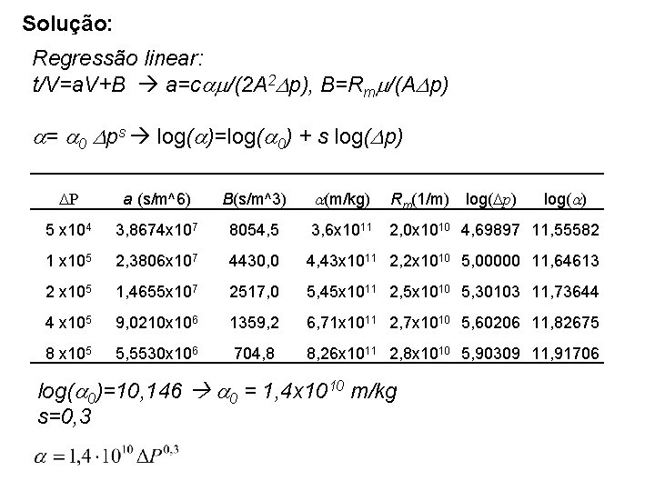 Solução: Regressão linear: t/V=a. V+B a=c /(2 A 2 p), B=Rm /(A p) =