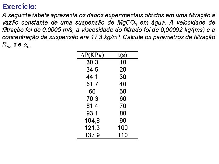 Exercício: A seguinte tabela apresenta os dados experimentais obtidos em uma filtração a vazão