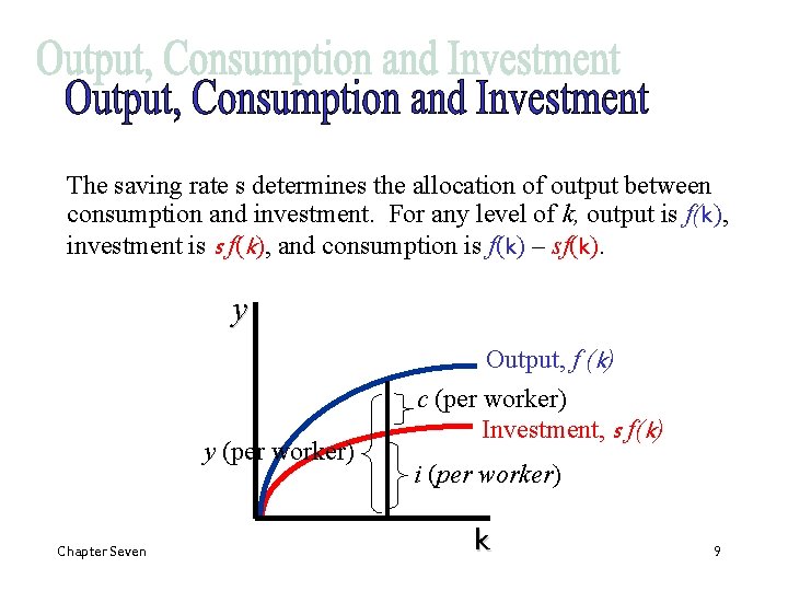 The saving rate s determines the allocation of output between consumption and investment. For The saving rate s determines the allocation of output between consumption and investment. For