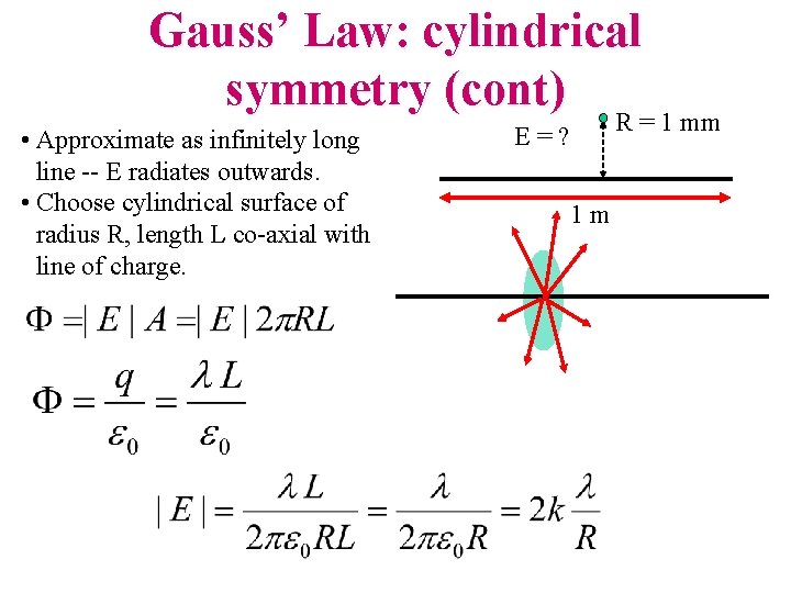Gauss’ Law: cylindrical symmetry (cont) R = 1 mm • Approximate as infinitely long