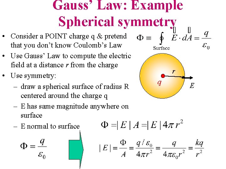 Gauss’ Law: Example Spherical symmetry • Consider a POINT charge q & pretend that