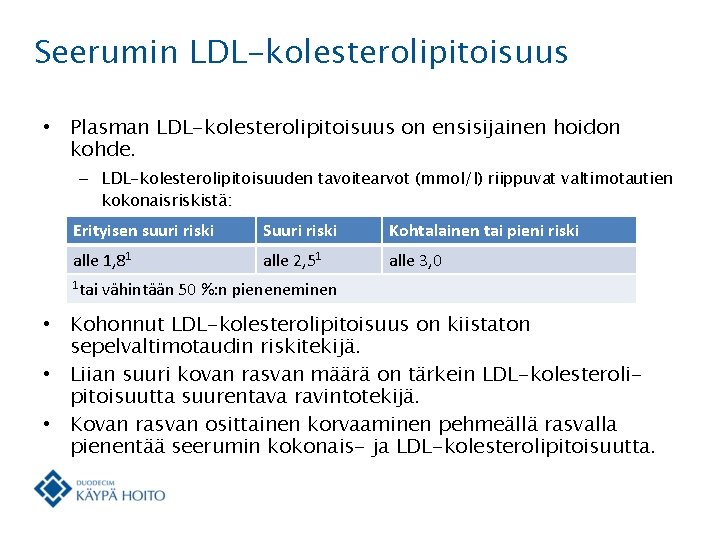 Seerumin LDL-kolesterolipitoisuus • Plasman LDL-kolesterolipitoisuus on ensisijainen hoidon kohde. – LDL-kolesterolipitoisuuden tavoitearvot (mmol/l) riippuvat