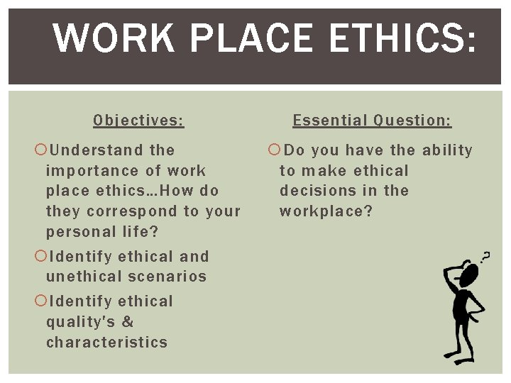 WORK PLACE ETHICS: Objectives: Essential Question: Understand the importance of work place ethics…How do