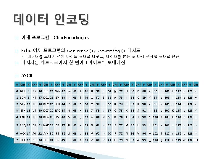 데이터 인코딩 � 예제 프로그램 : Char. Encoding. cs � Echo 예제 프로그램의 Get.