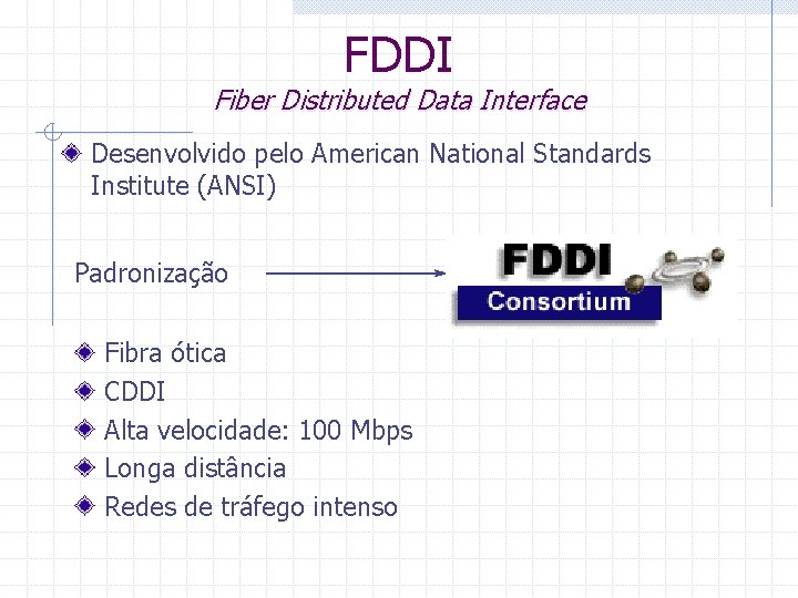 FDDI Fiber Distributed Data Interface Desenvolvido pelo American National Standards Institute (ANSI) Padronização Fibra