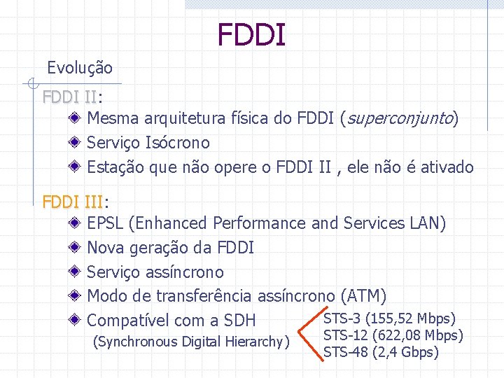 FDDI Evolução FDDI II: II Mesma arquitetura física do FDDI (superconjunto) Serviço Isócrono Estação