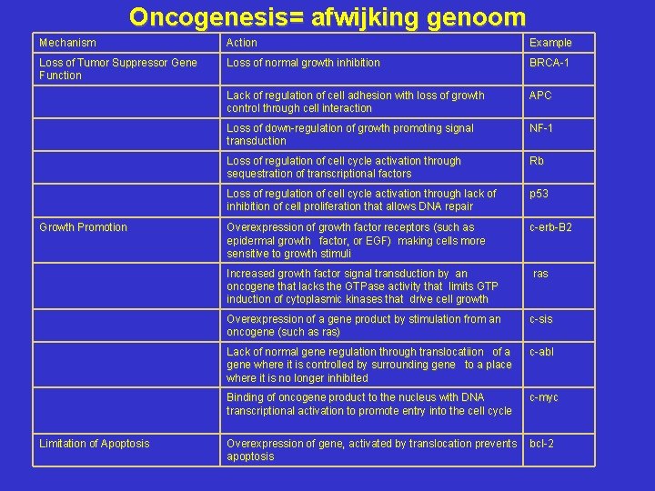 Oncogenesis= afwijking genoom Mechanism Action Example Loss of Tumor Suppressor Gene Function Loss of