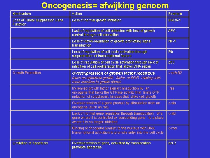 Oncogenesis= afwijking genoom Mechanism Action Example Loss of Tumor Suppressor Gene Function Loss of