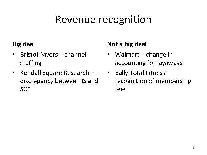 Revenue recognition Big deal Not a big deal • Bristol-Myers – channel stuffing •