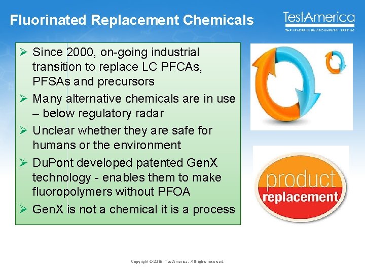 Fluorinated Replacement Chemicals Ø Since 2000, on-going industrial transition to replace LC PFCAs, PFSAs