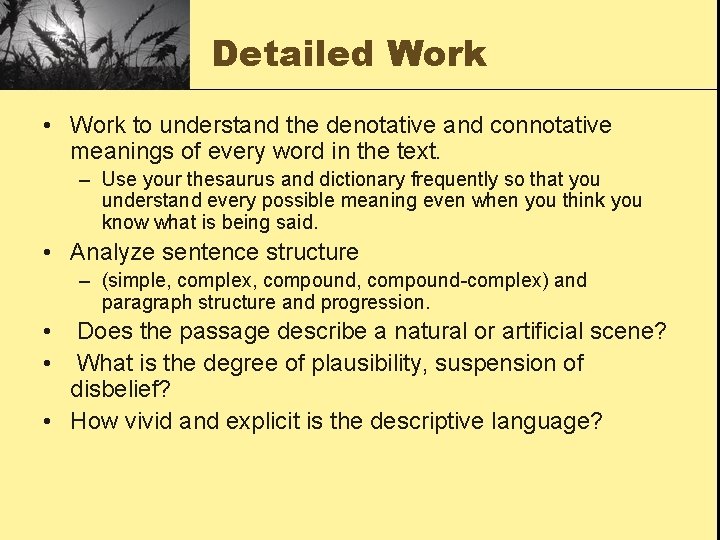 Detailed Work • Work to understand the denotative and connotative meanings of every word