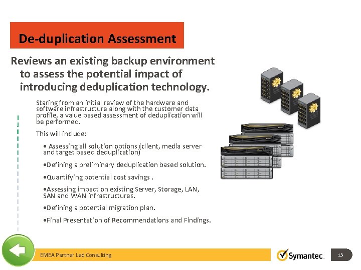 De-duplication Assessment Reviews an existing backup environment to assess the potential impact of introducing