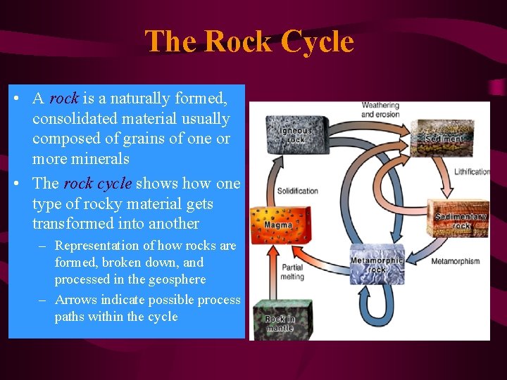 The Rock Cycle • A rock is a naturally formed, consolidated material usually composed